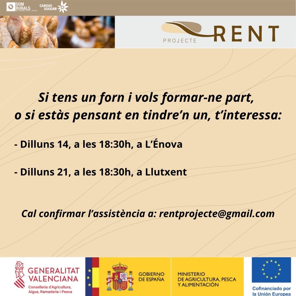 El Projecte RENT organitza sessions informatives a l'Énova i Llutxent per a persones forneres i emprenedores del sector